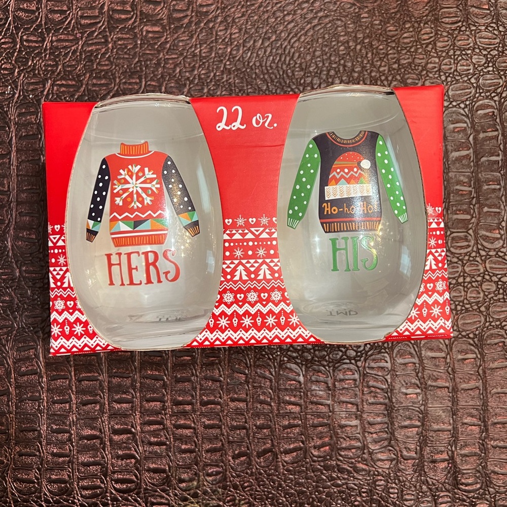 NEW NIB Christmas Stemless Wine Glasses HIS HERS Bride Groom Couple 22 Oz  Ho Ho